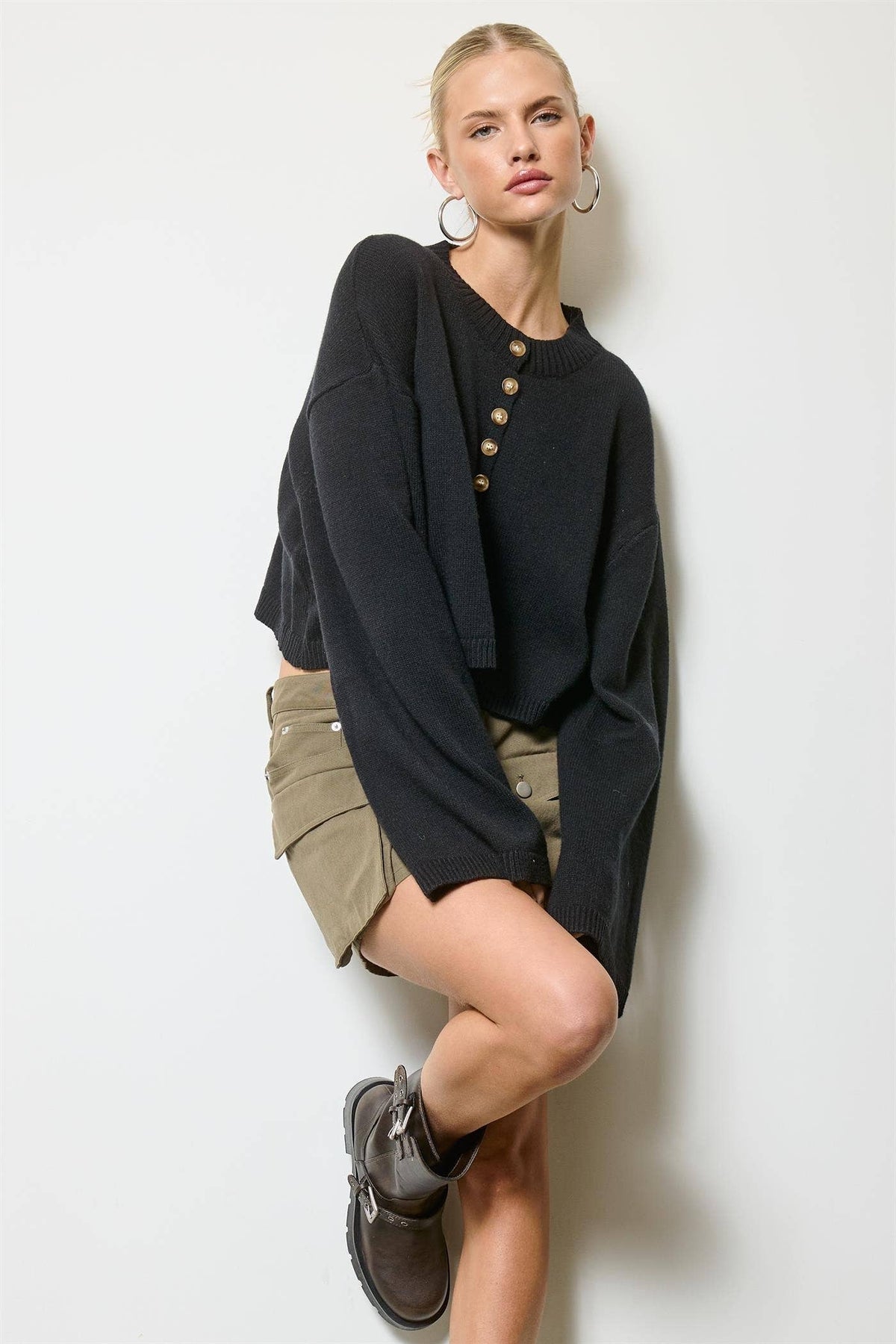 Button Front Cropped Knit Cardigan