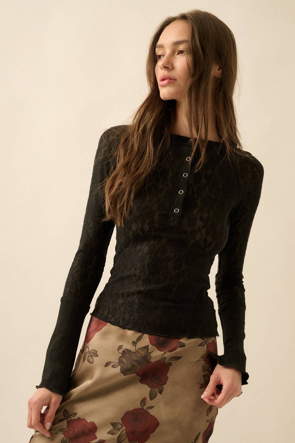 Floral Lace Raglan-Sleeve Henley Top