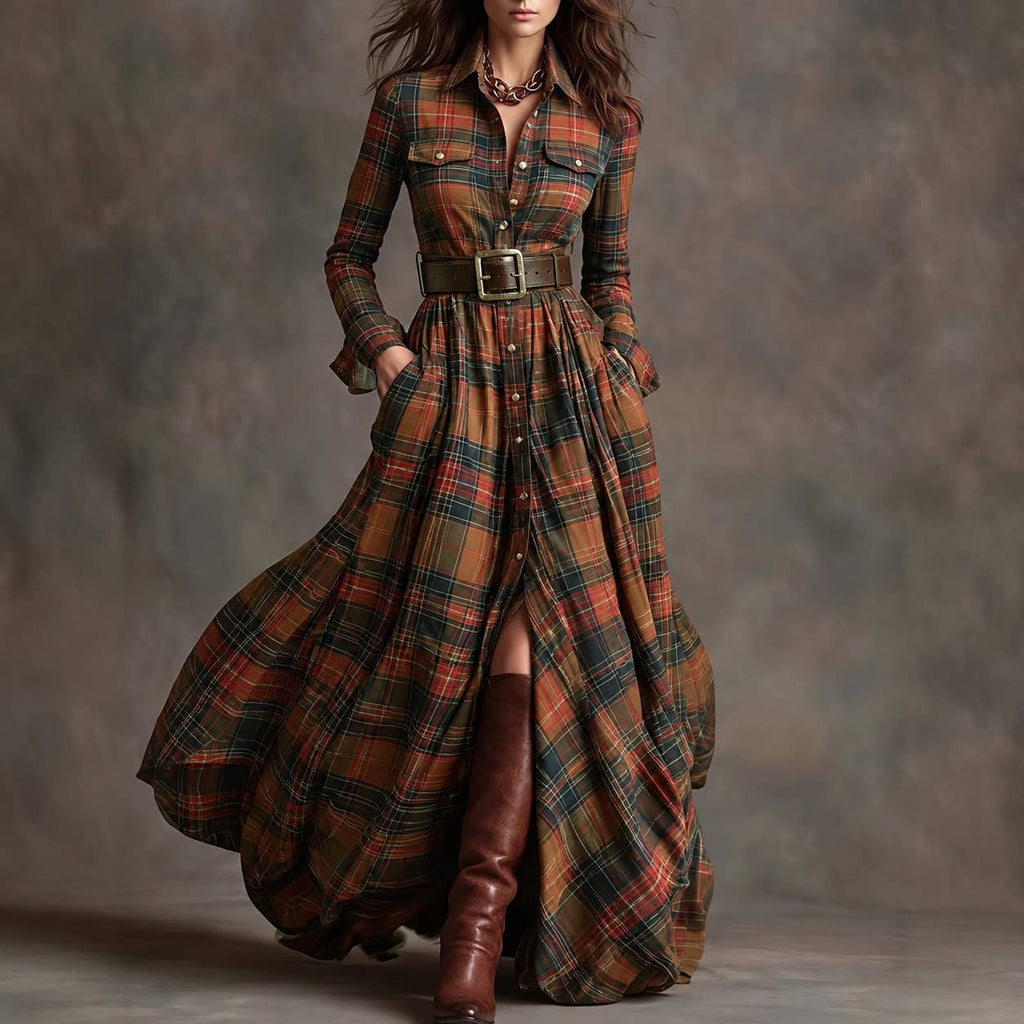 Suhkasana - Plaid Belted Maxi Shirt Dress Long Sleeve Vintage