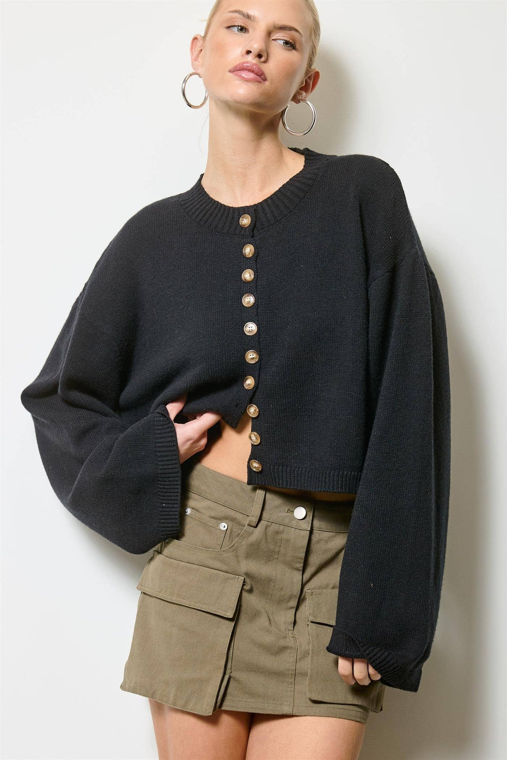 Button Front Cropped Knit Cardigan