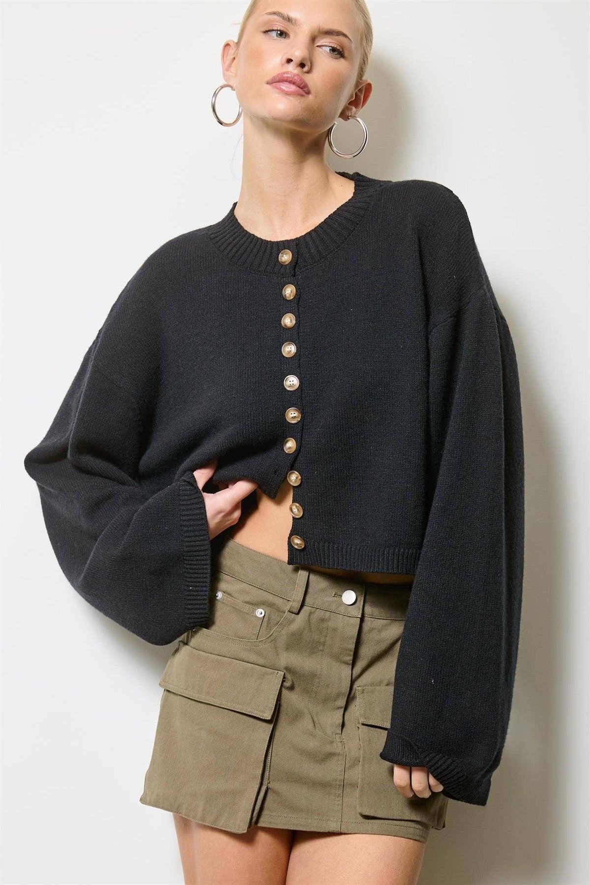 Button Front Cropped Knit Cardigan