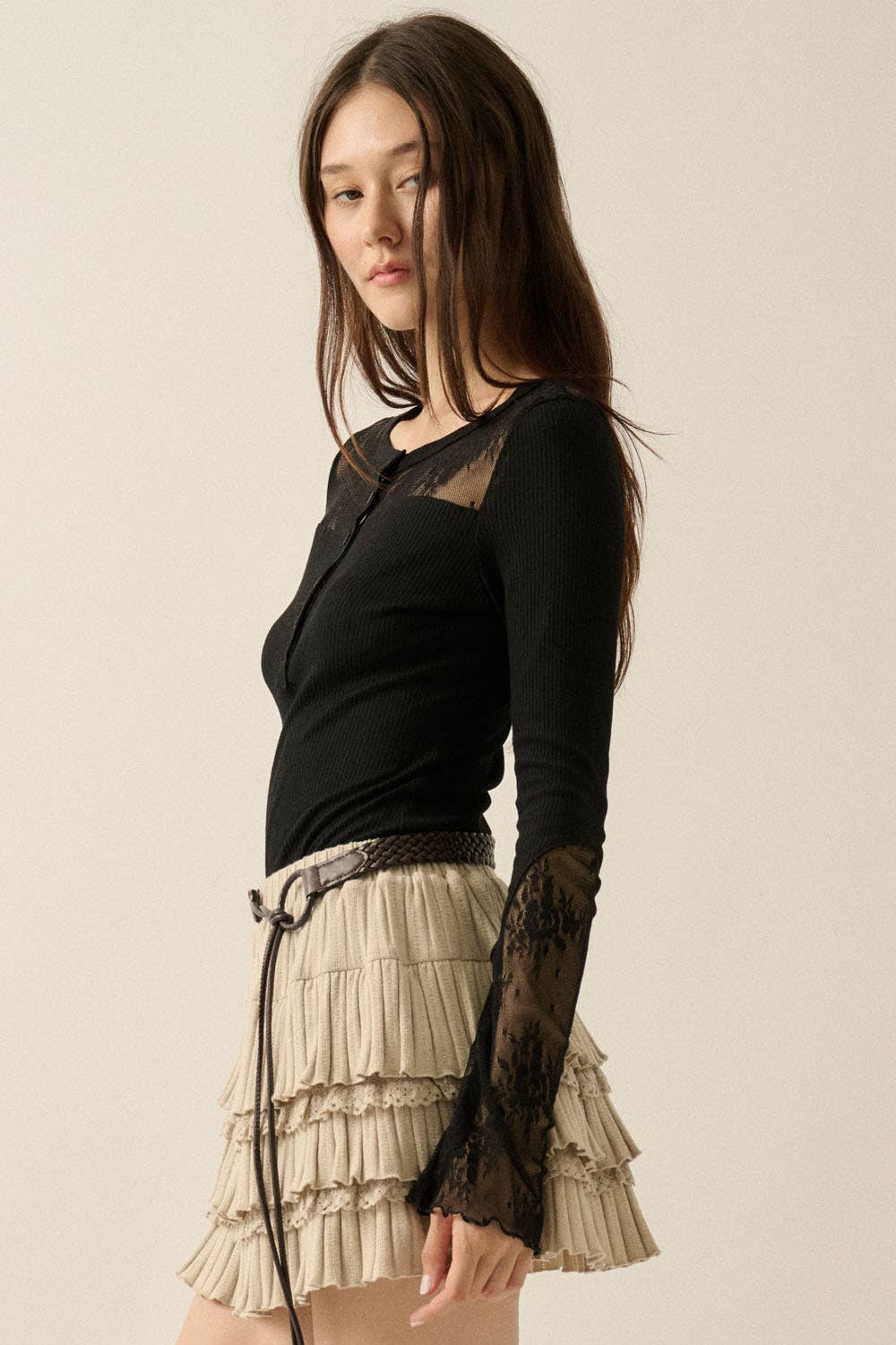 Ribbed Knit & Lace Long-Sleeve Split-Cuff Henley Top
