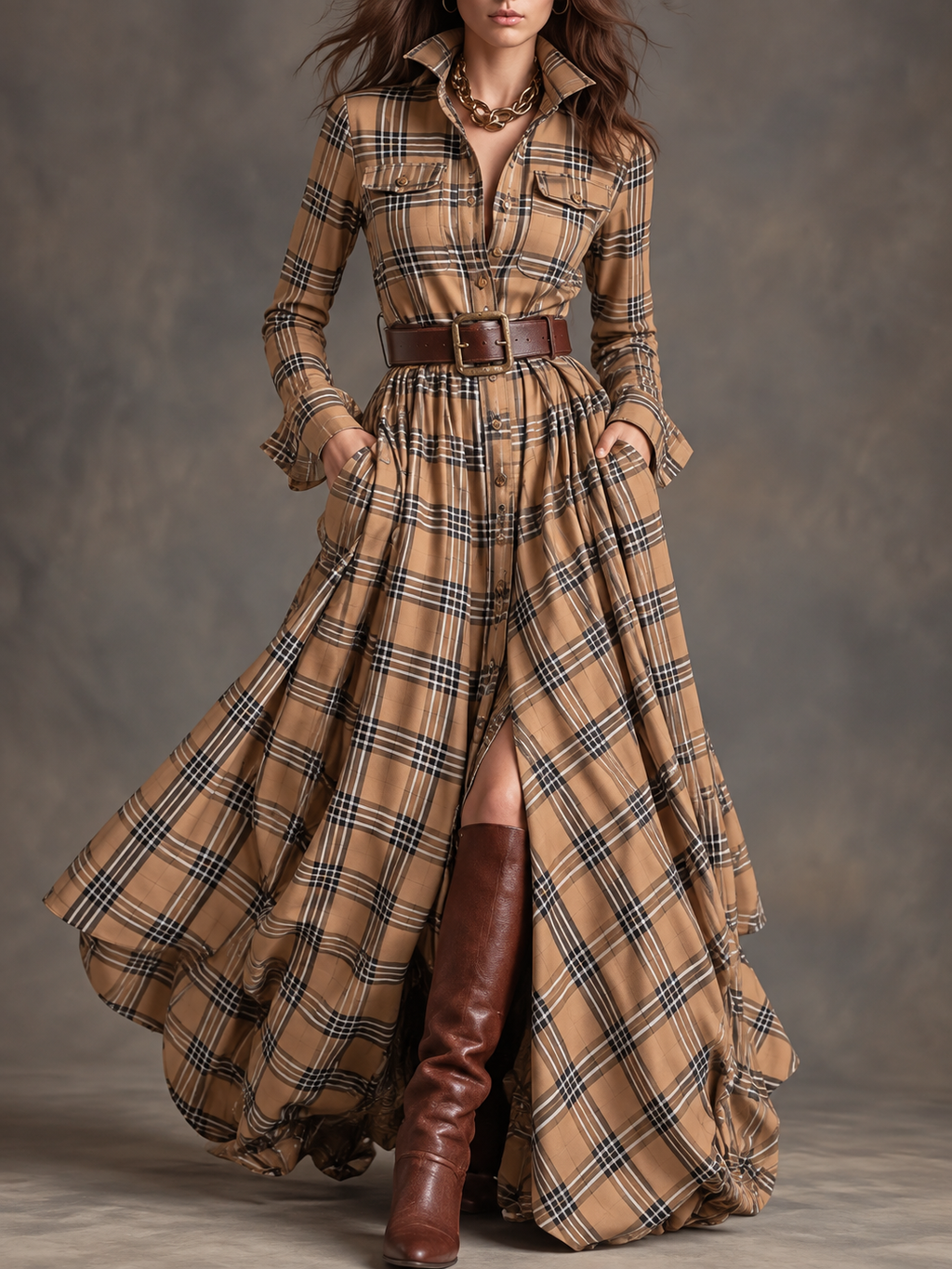 Suhkasana - Plaid Belted Maxi Shirt Dress Long Sleeve Vintage