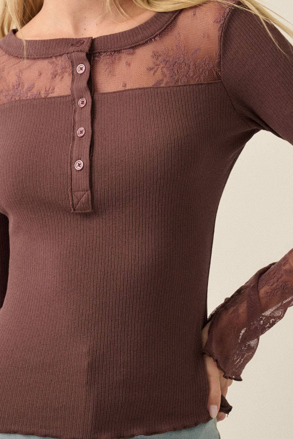 Ribbed Knit & Lace Long-Sleeve Split-Cuff Henley Top