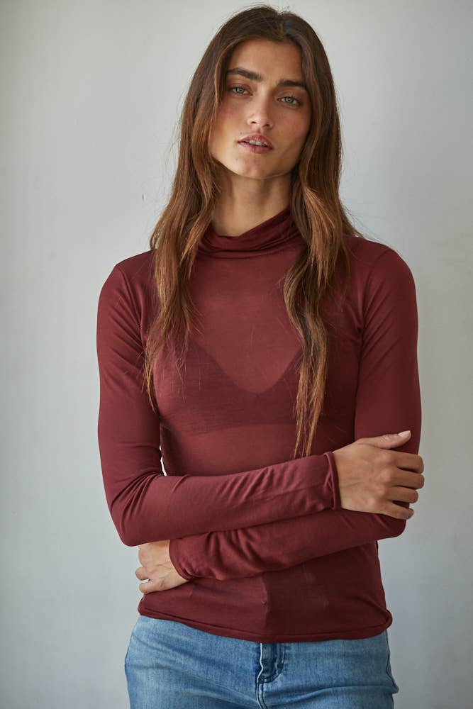 By Together - Knit Jersey Turtleneck Long Sleeve Sheer Top