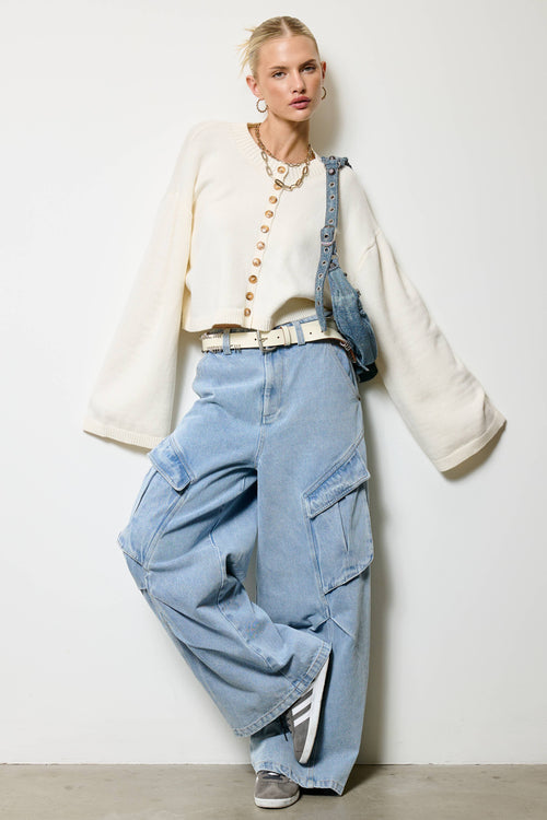 Button Front Cropped Knit Cardigan