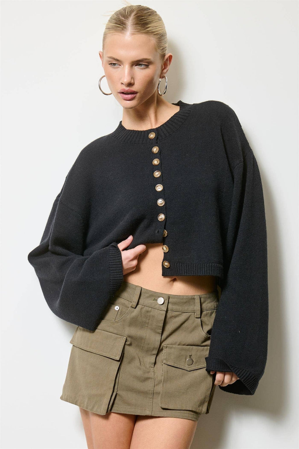 Button Front Cropped Knit Cardigan