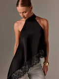 Lovesoft - Women’s Satin Lace Trim Halter Neck Asymmetrical Top