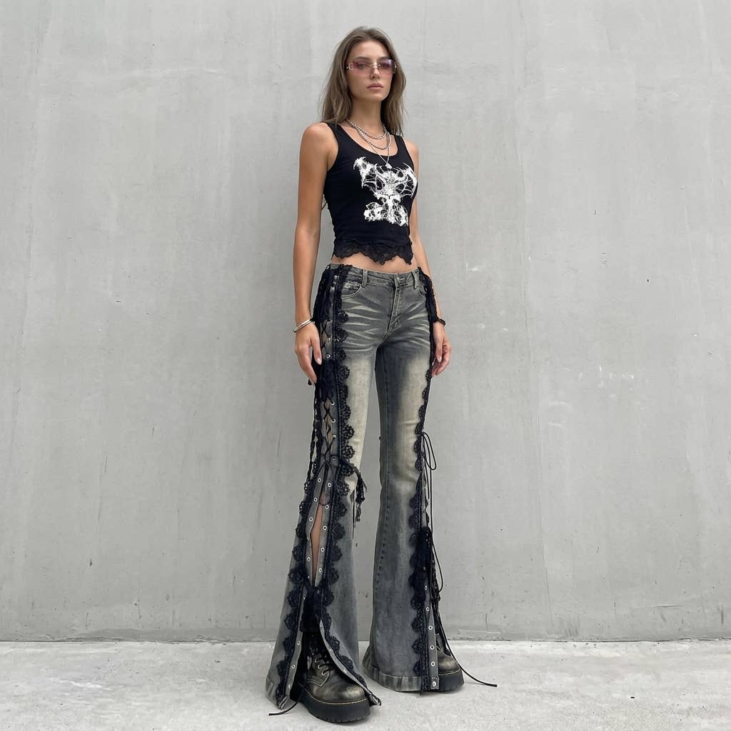 UniteJeans - Punk Rock Lace-Up Flare Jeans - Grey Wash
