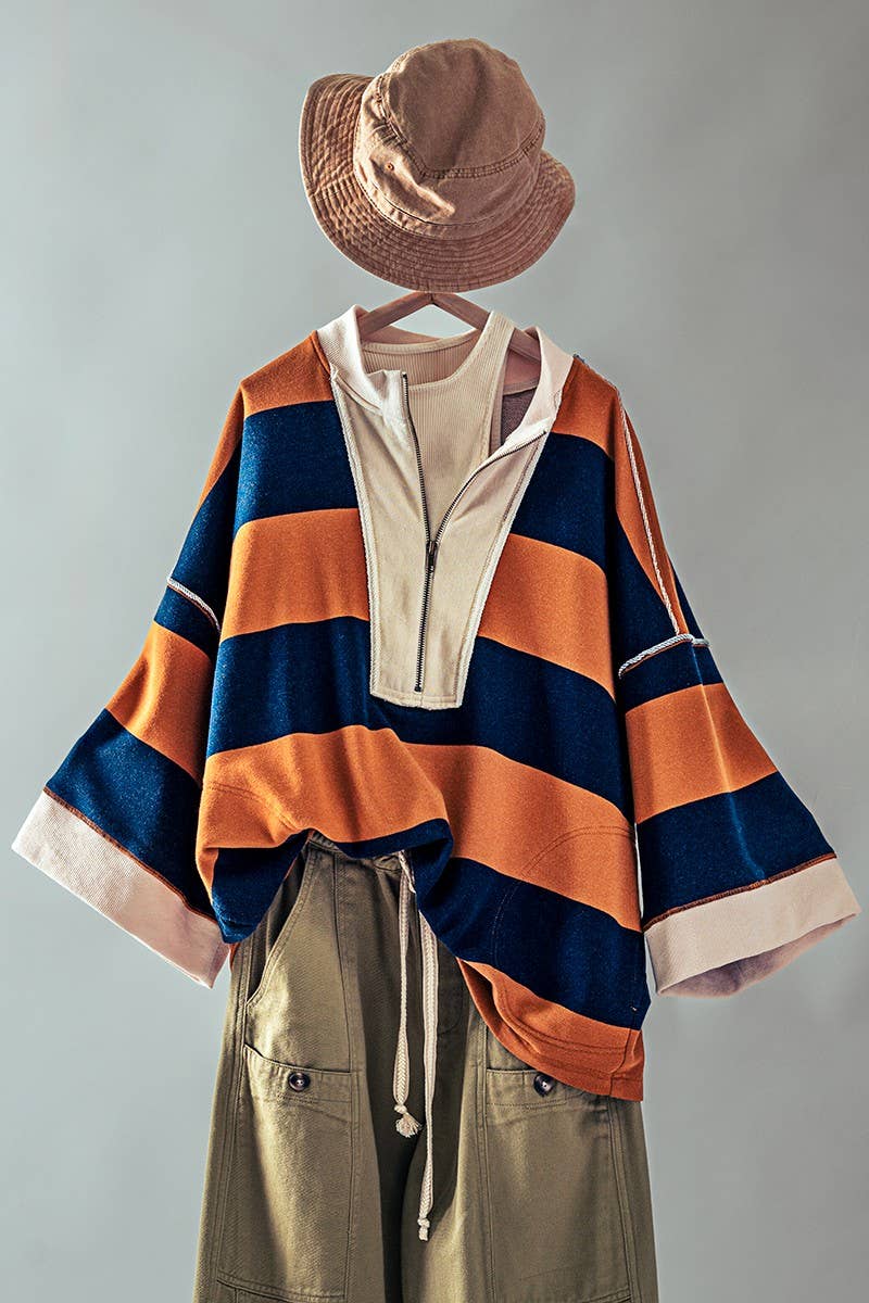 Urban Daizy - Oversized Half Zip Bold Stripe Statement Pullover Sweatshirt