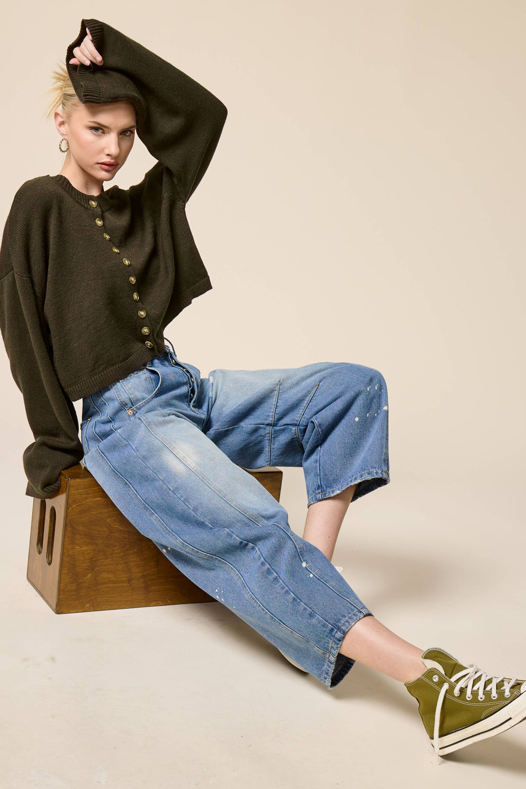 Button Front Cropped Knit Cardigan