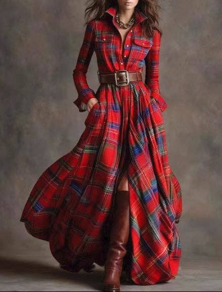 Suhkasana - Plaid Belted Maxi Shirt Dress Long Sleeve Vintage