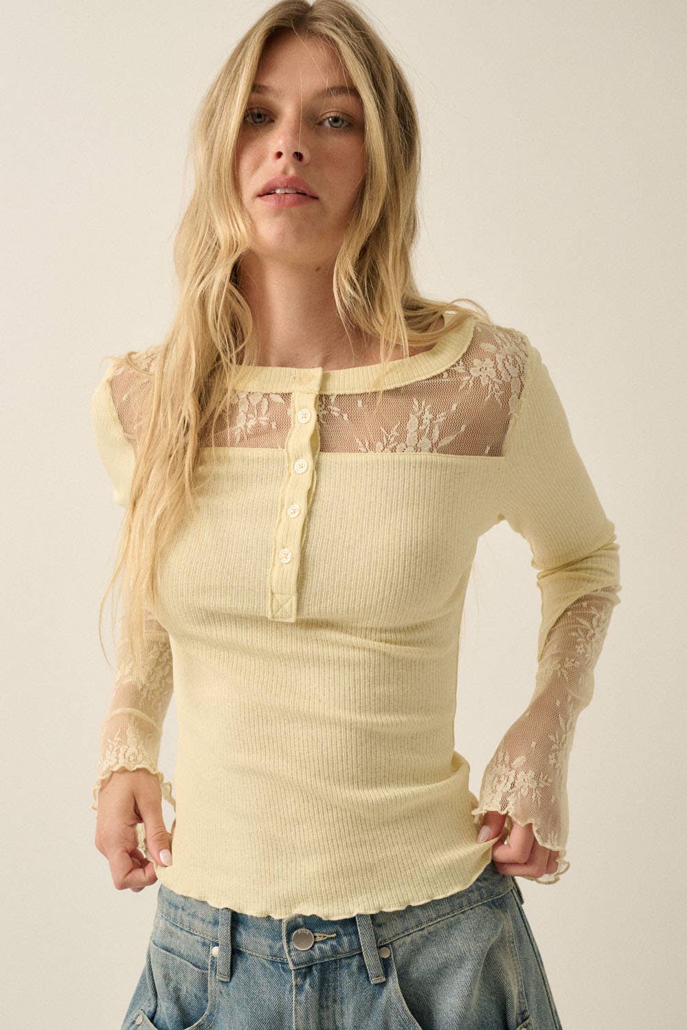 Ribbed Knit & Lace Long-Sleeve Split-Cuff Henley Top