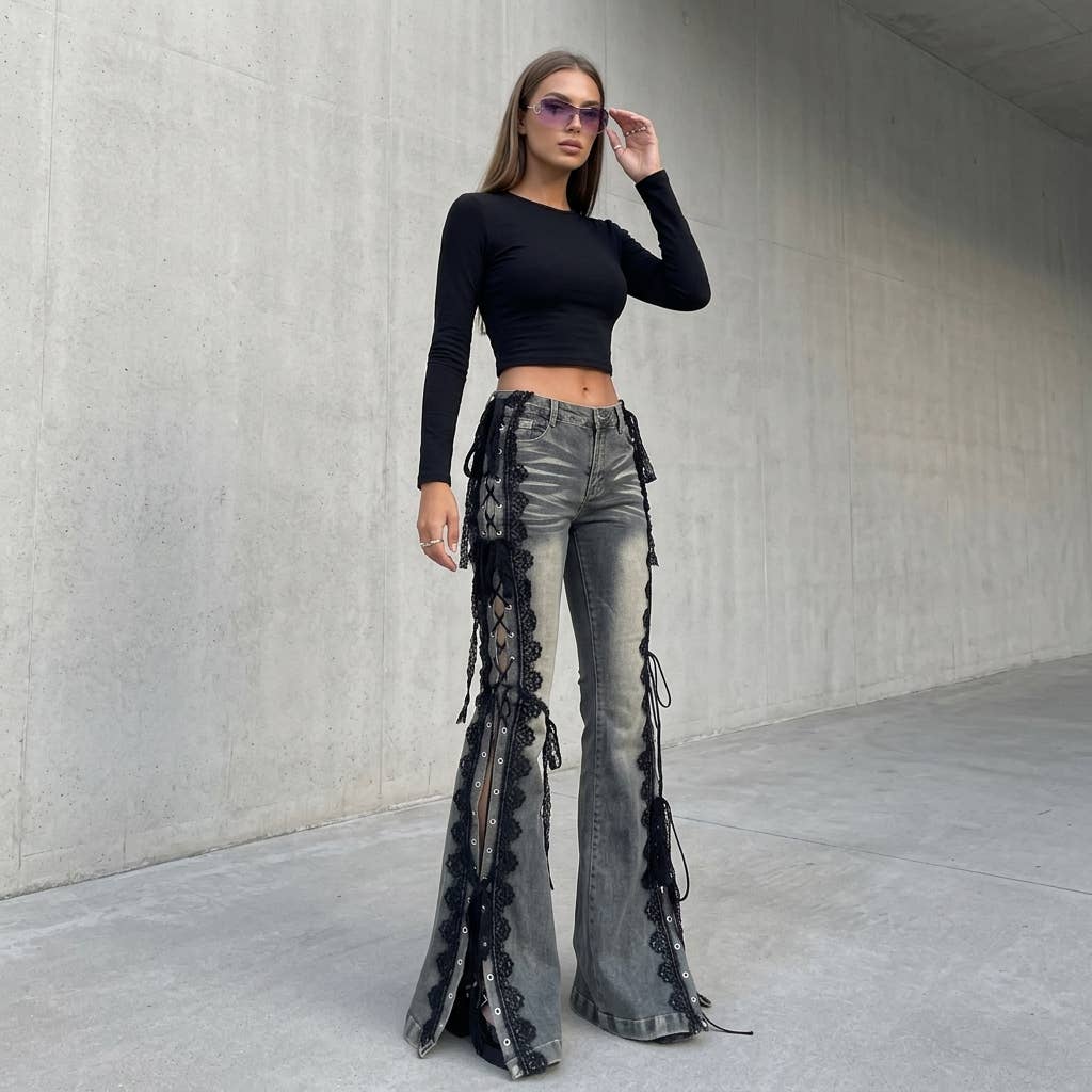 UniteJeans - Punk Rock Lace-Up Flare Jeans - Grey Wash