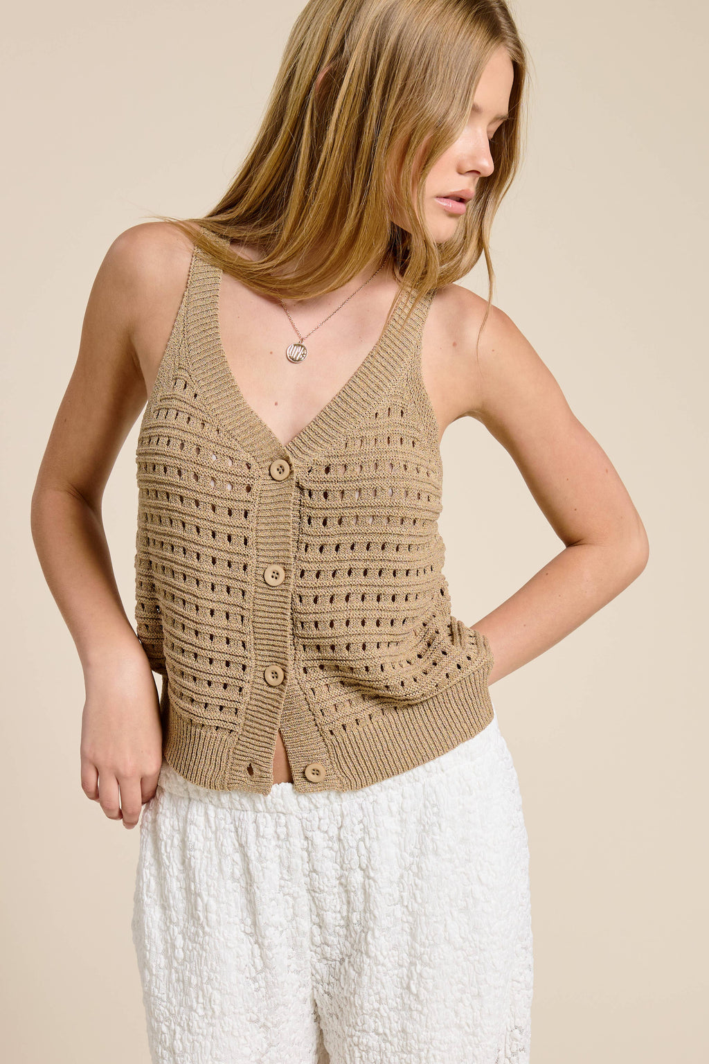 Mimosa - Open Stitch Button Front Knit Tank