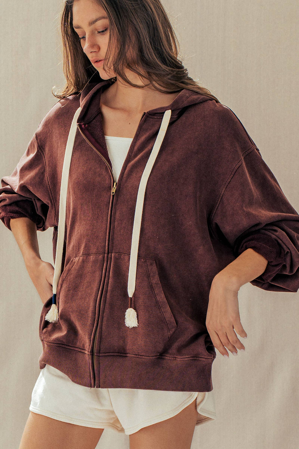 Urban Daizy - Vintage-Wash Zip-Up Hoodie