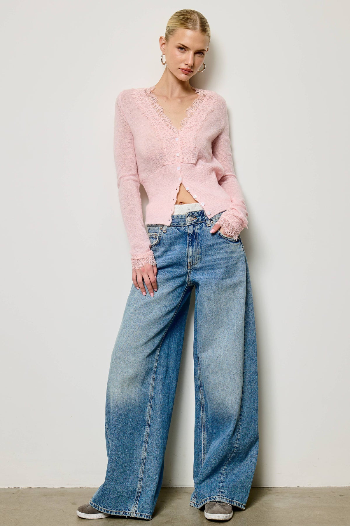 Mimosa - Lace Trim V Neck Knit Cardigan