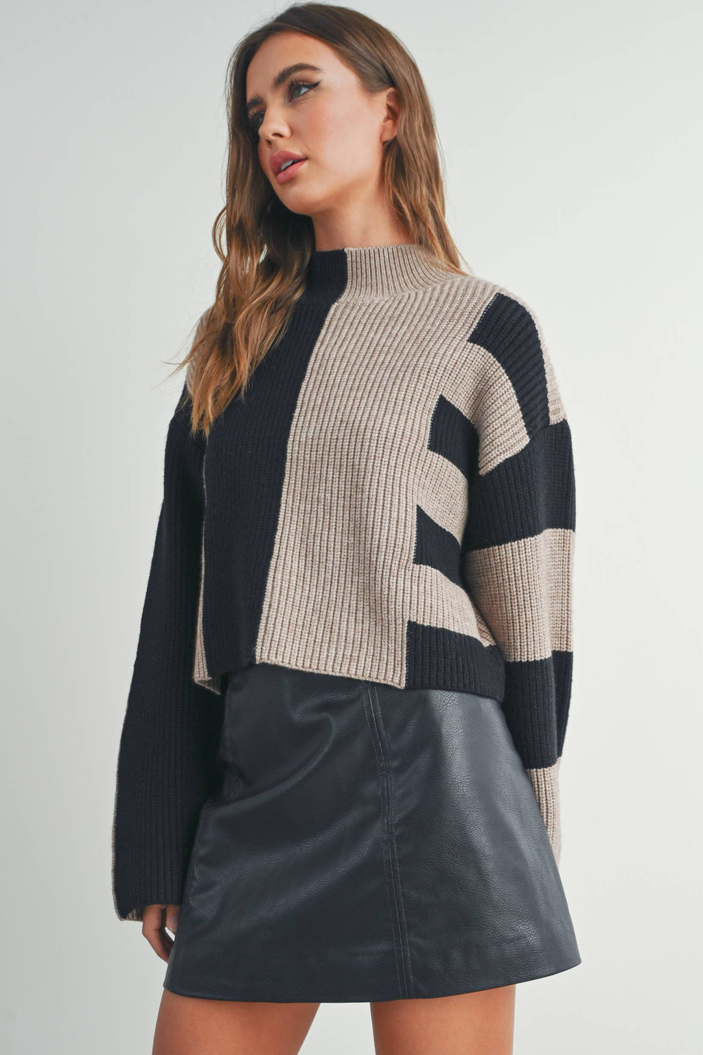 A Favorite Color Block Mock Turtleneck Sweater