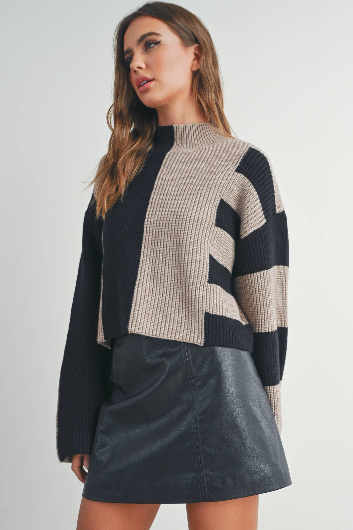 A Favorite Color Block Mock Turtleneck Sweater