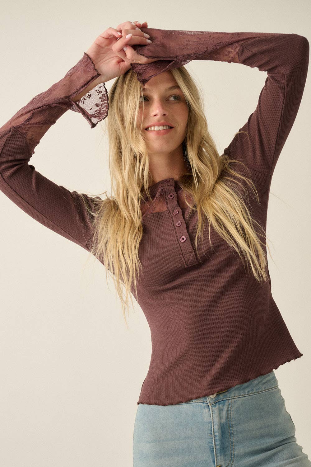 Ribbed Knit & Lace Long-Sleeve Split-Cuff Henley Top