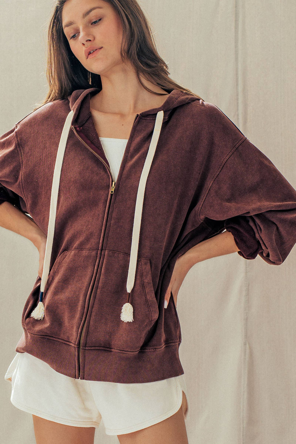 Urban Daizy - Vintage-Wash Zip-Up Hoodie