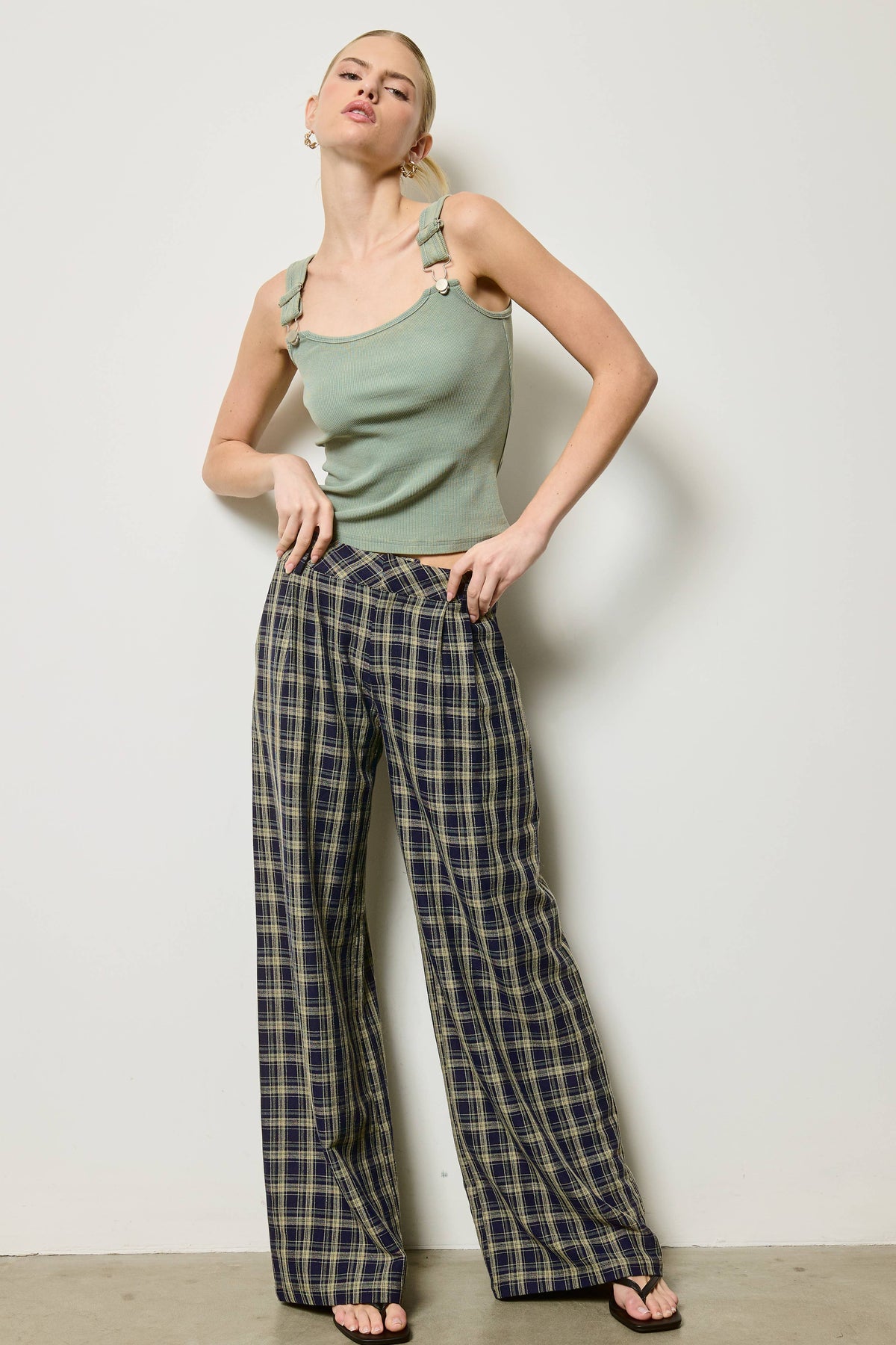 Plaid Pleated Wide Leg Trousers