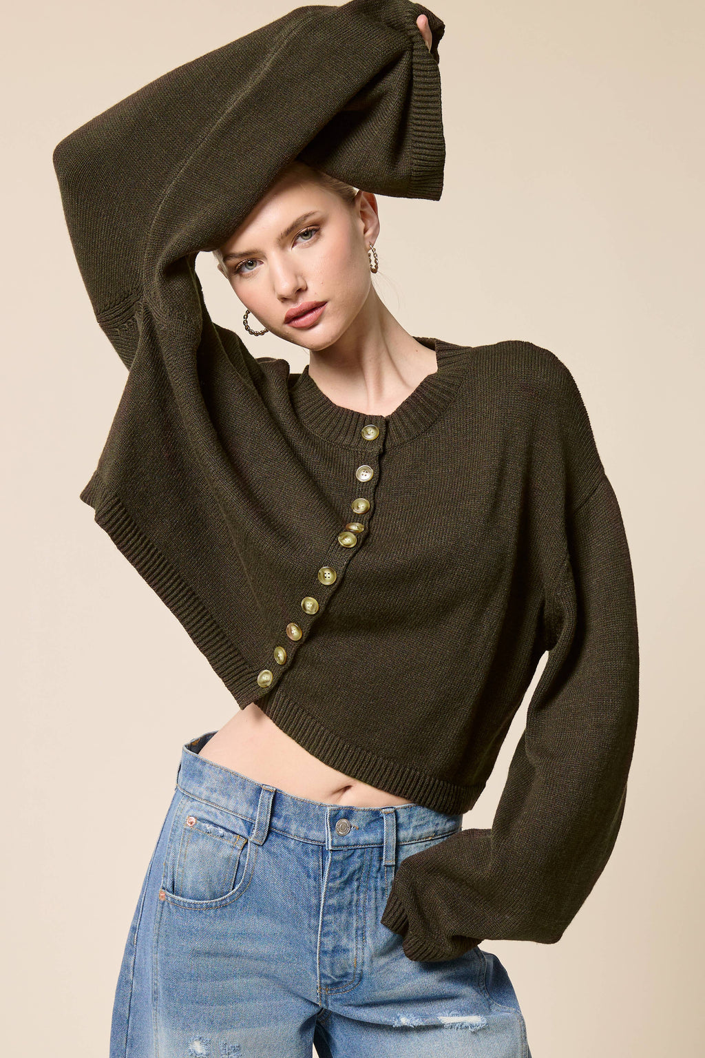 Button Front Cropped Knit Cardigan