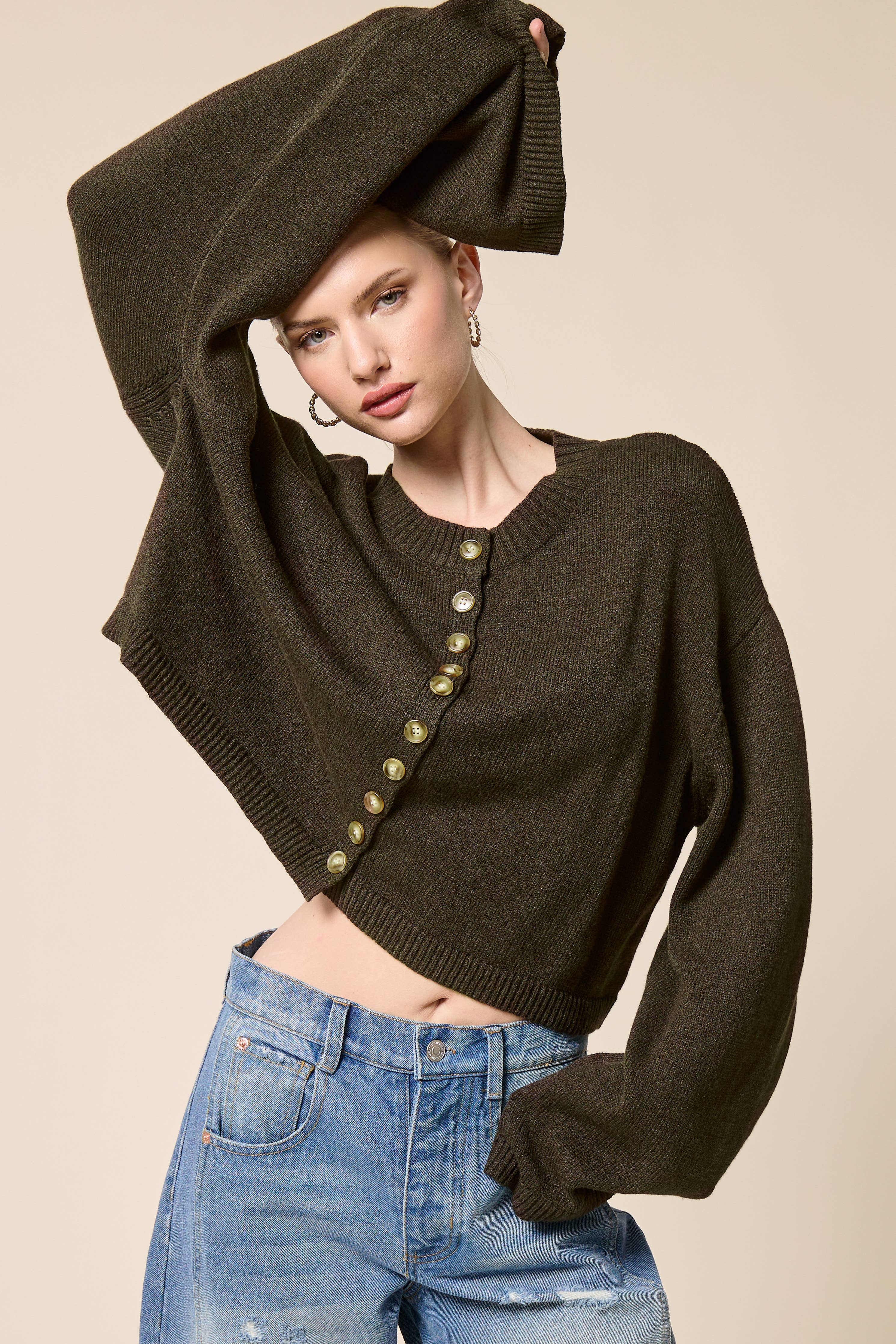 Button Front Cropped Knit Cardigan