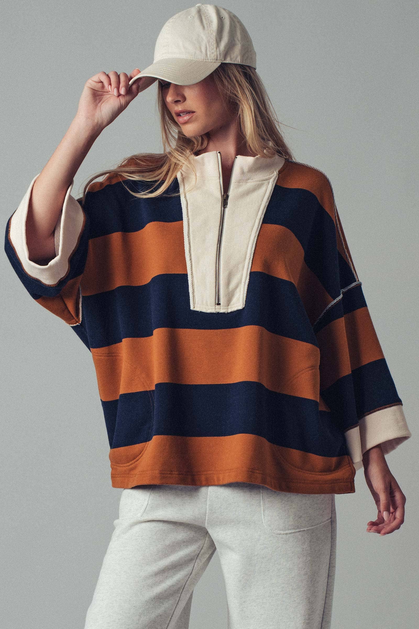 Urban Daizy - Oversized Half Zip Bold Stripe Statement Pullover Sweatshirt