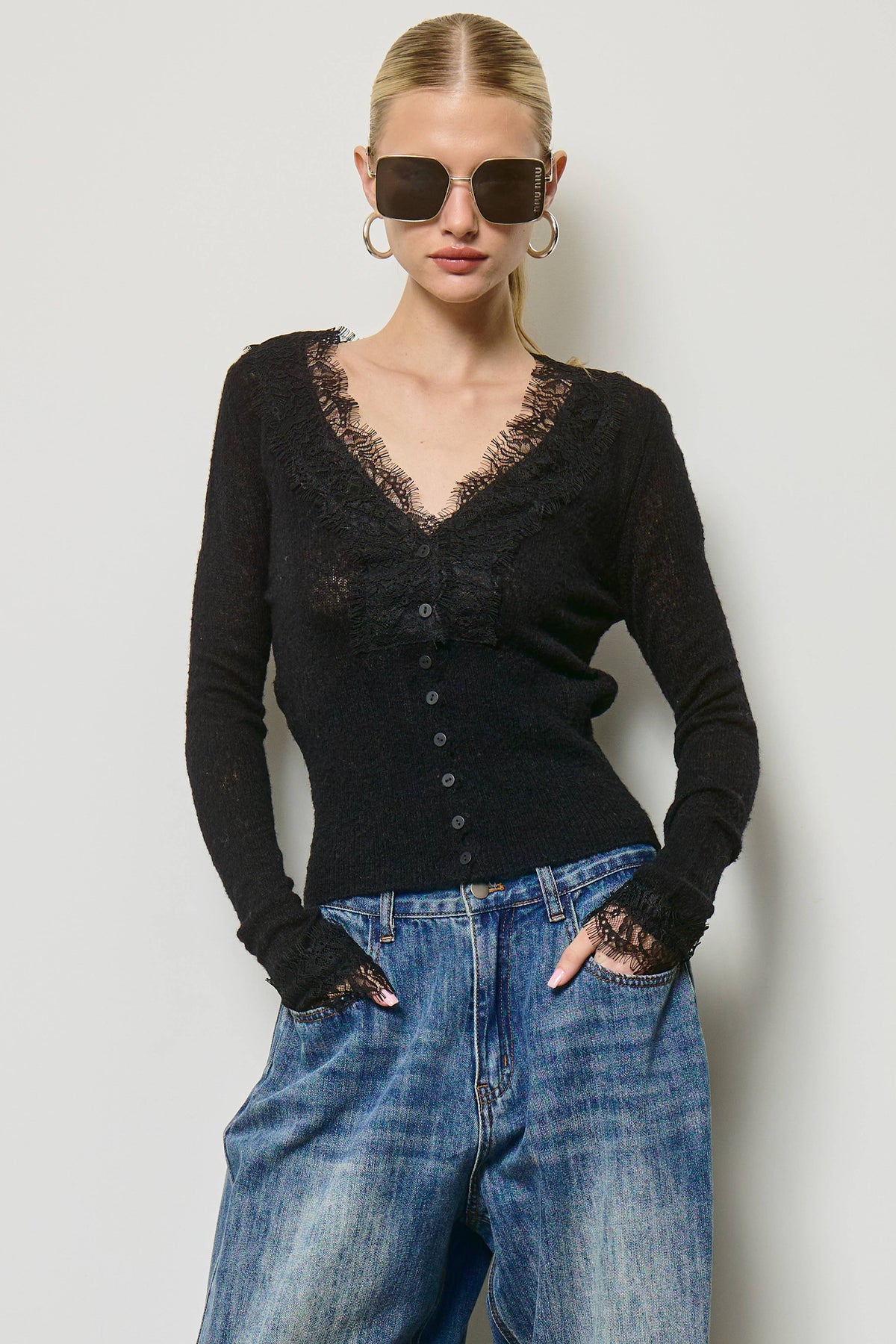 Mimosa - Lace Trim V Neck Knit Cardigan