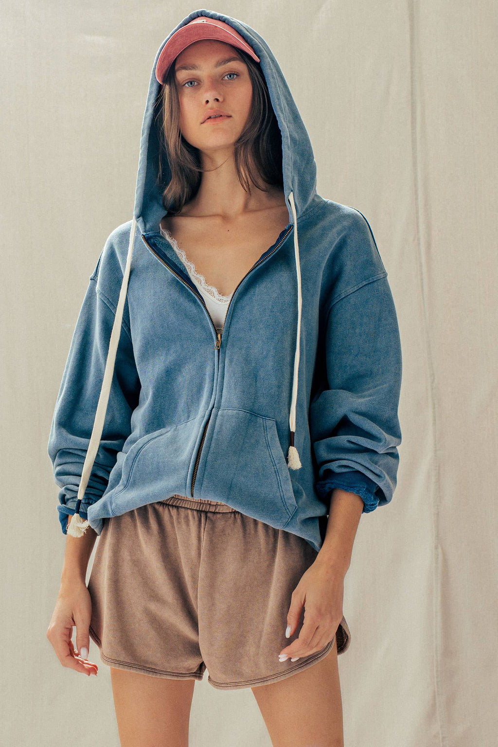 Urban Daizy - Vintage-Wash Zip-Up Hoodie