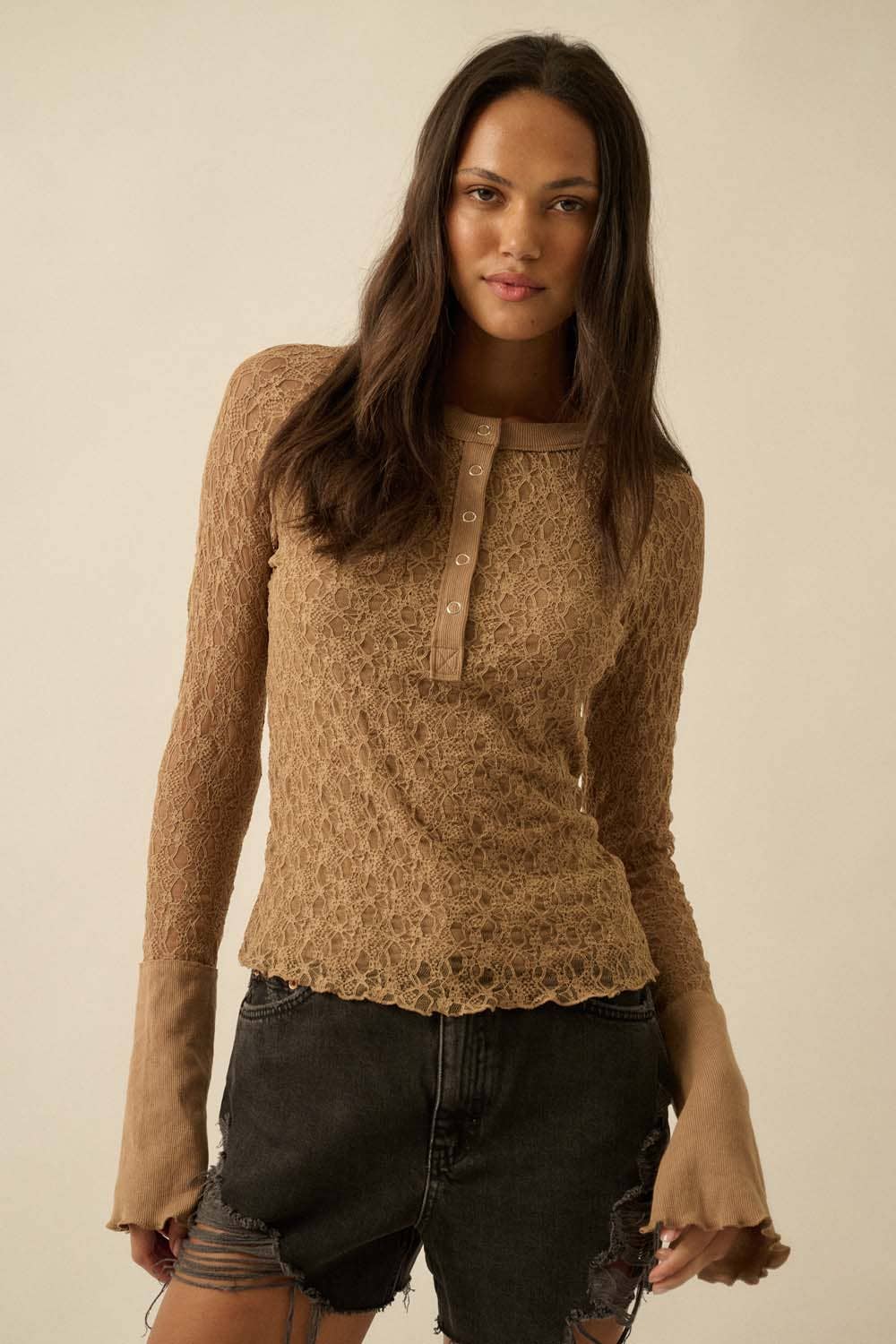 Floral Lace Raglan-Sleeve Henley Top
