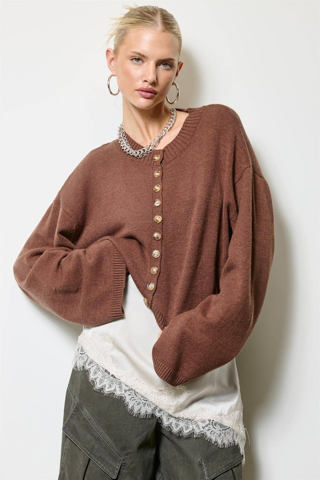Button Front Cropped Knit Cardigan