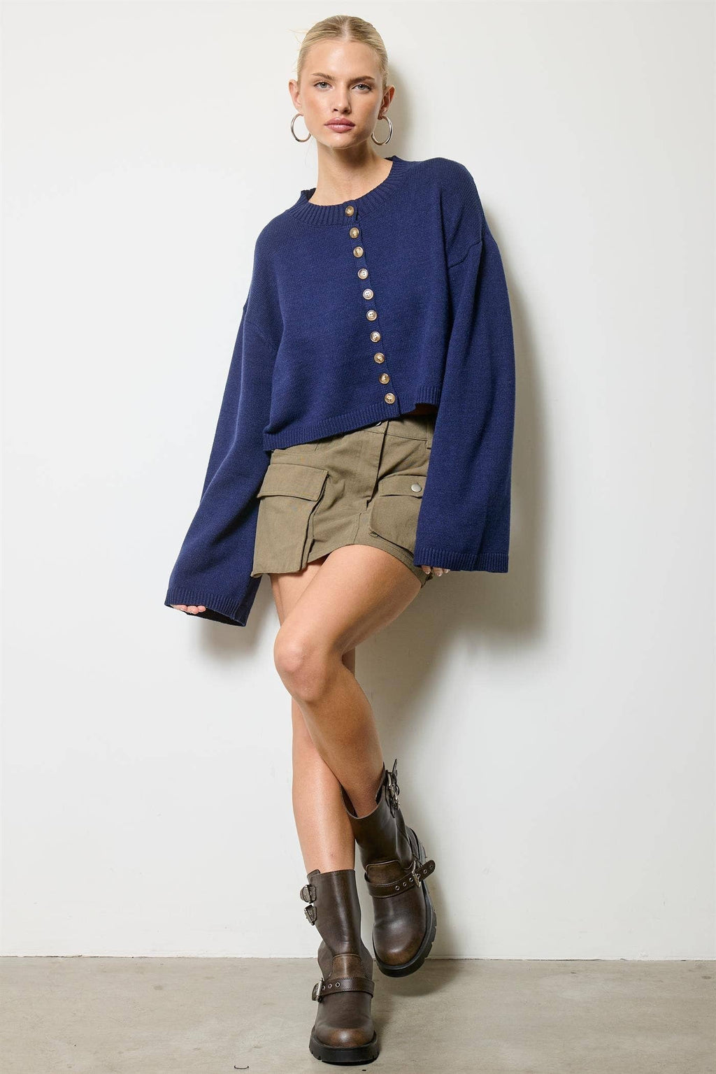 Button Front Cropped Knit Cardigan