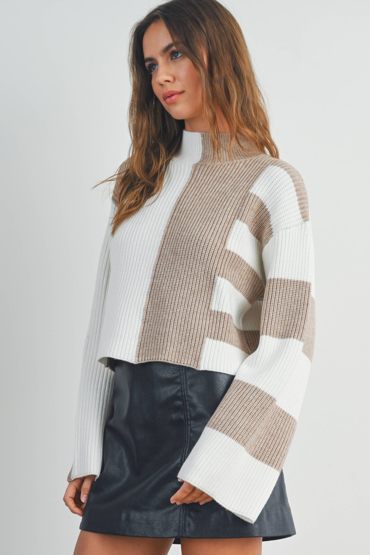 A Favorite Color Block Mock Turtleneck Sweater