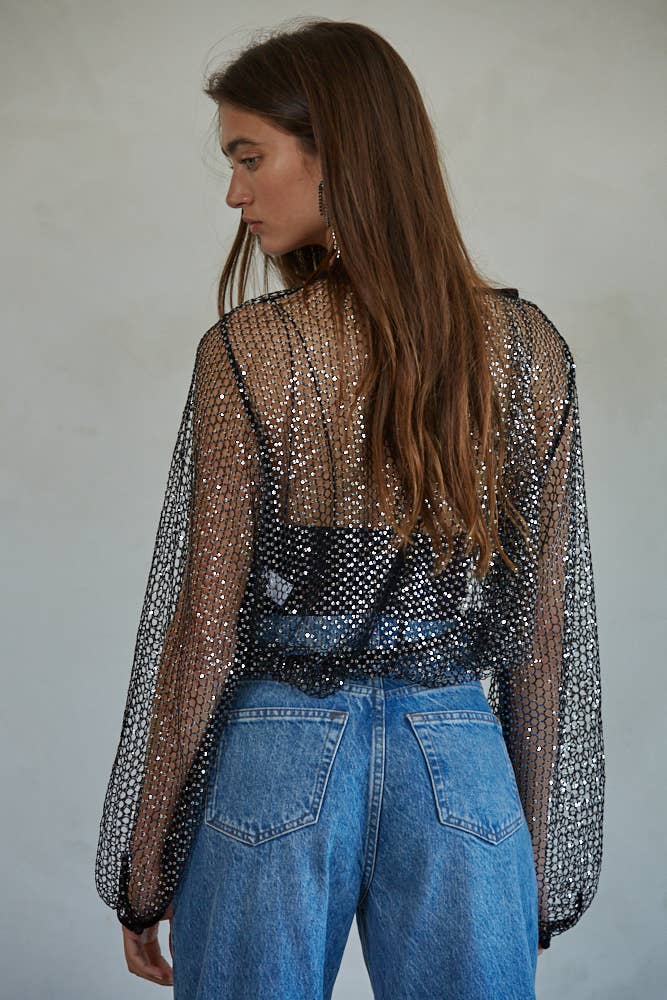 By Together - Woven Polyester Sequin Mesh Long Sleeve Top