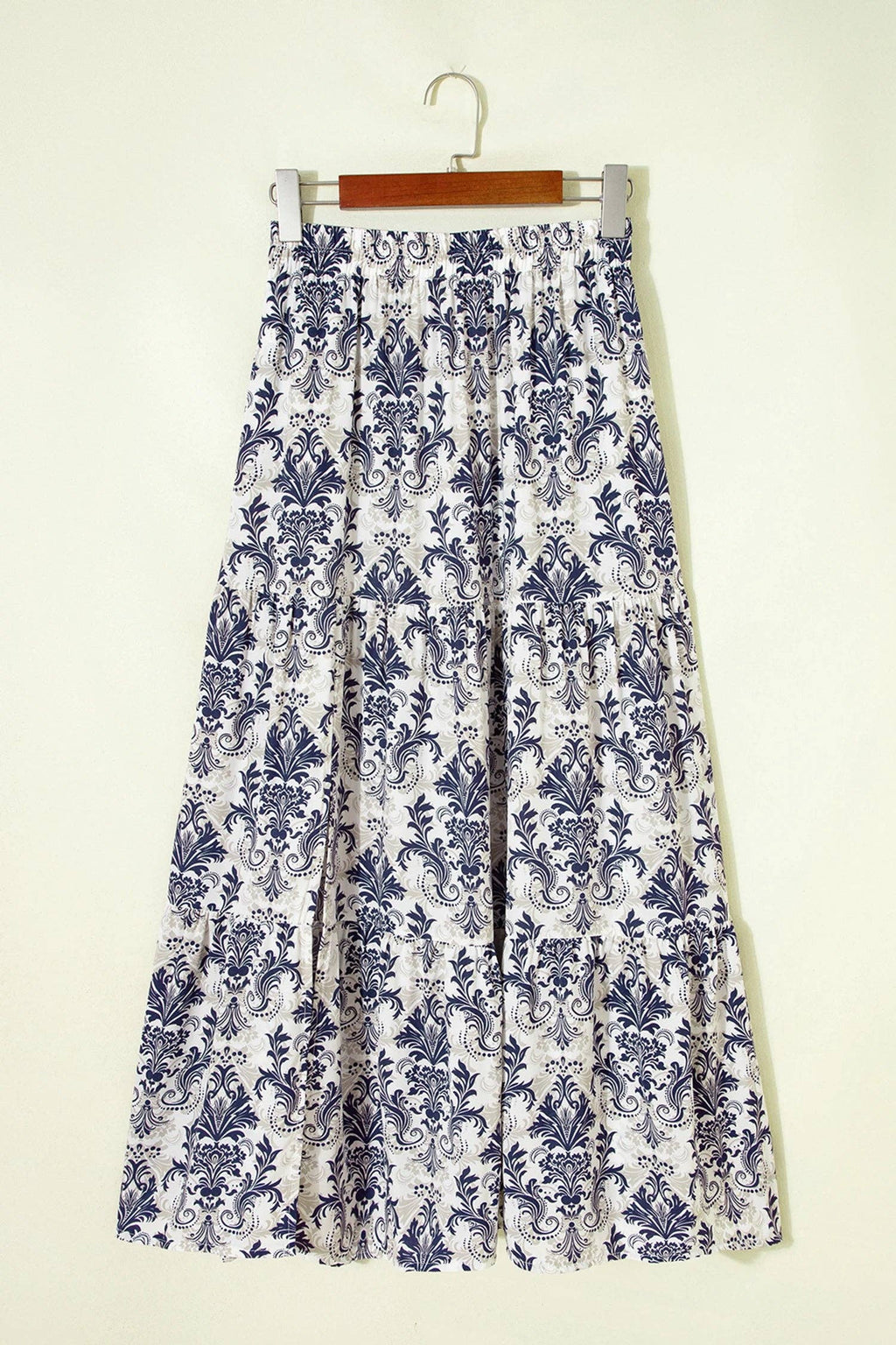 Lovesoft - Blue Bohemian Floral Print Tiered Maxi Skirt with Split