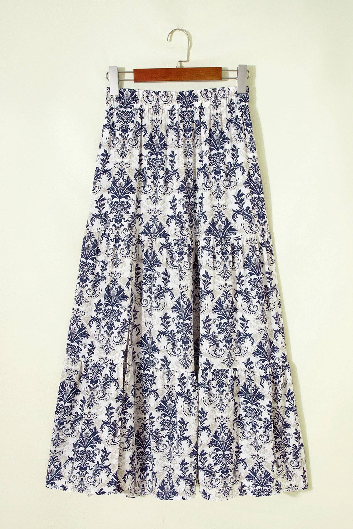 Lovesoft - Blue Bohemian Floral Print Tiered Maxi Skirt with Split