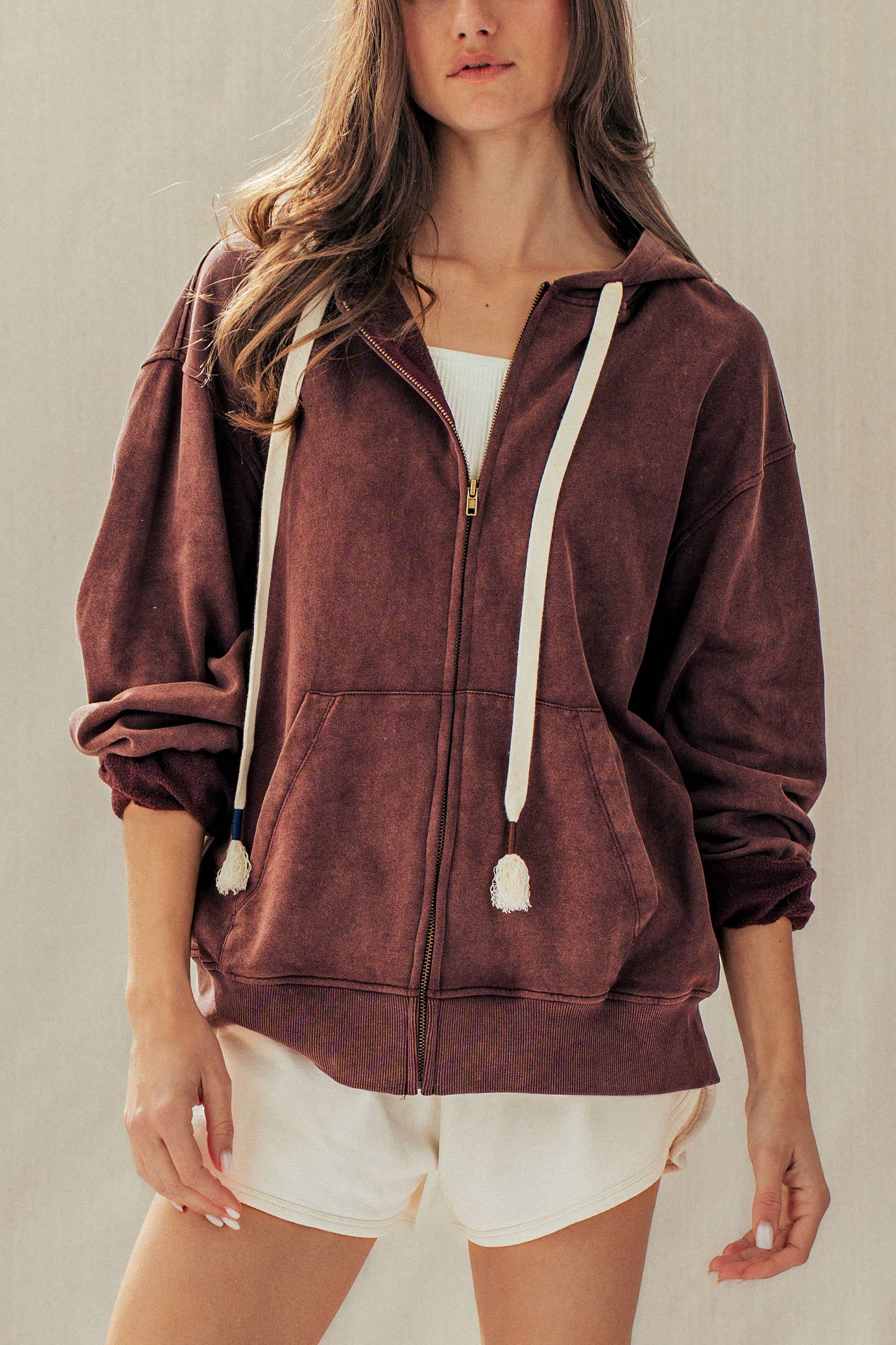 Urban Daizy - Vintage-Wash Zip-Up Hoodie