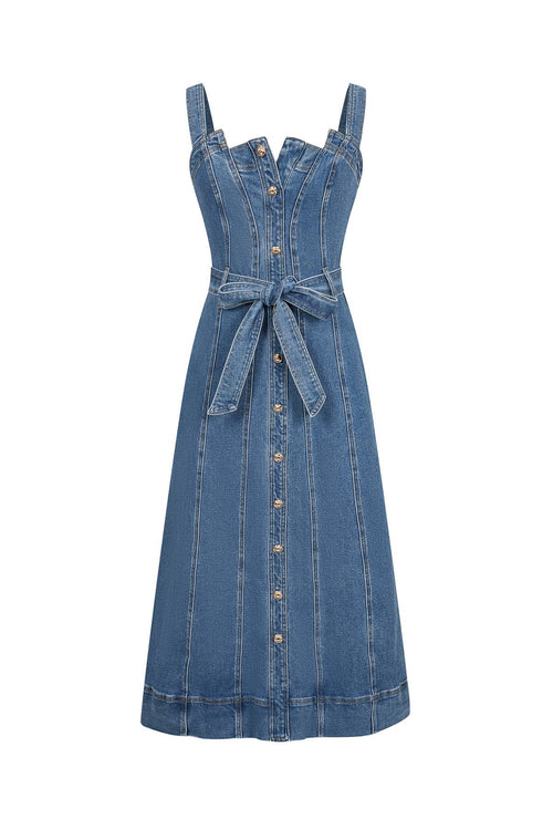 A Favorite Heloise Denim Button Down Midi Dress with Waist Tie