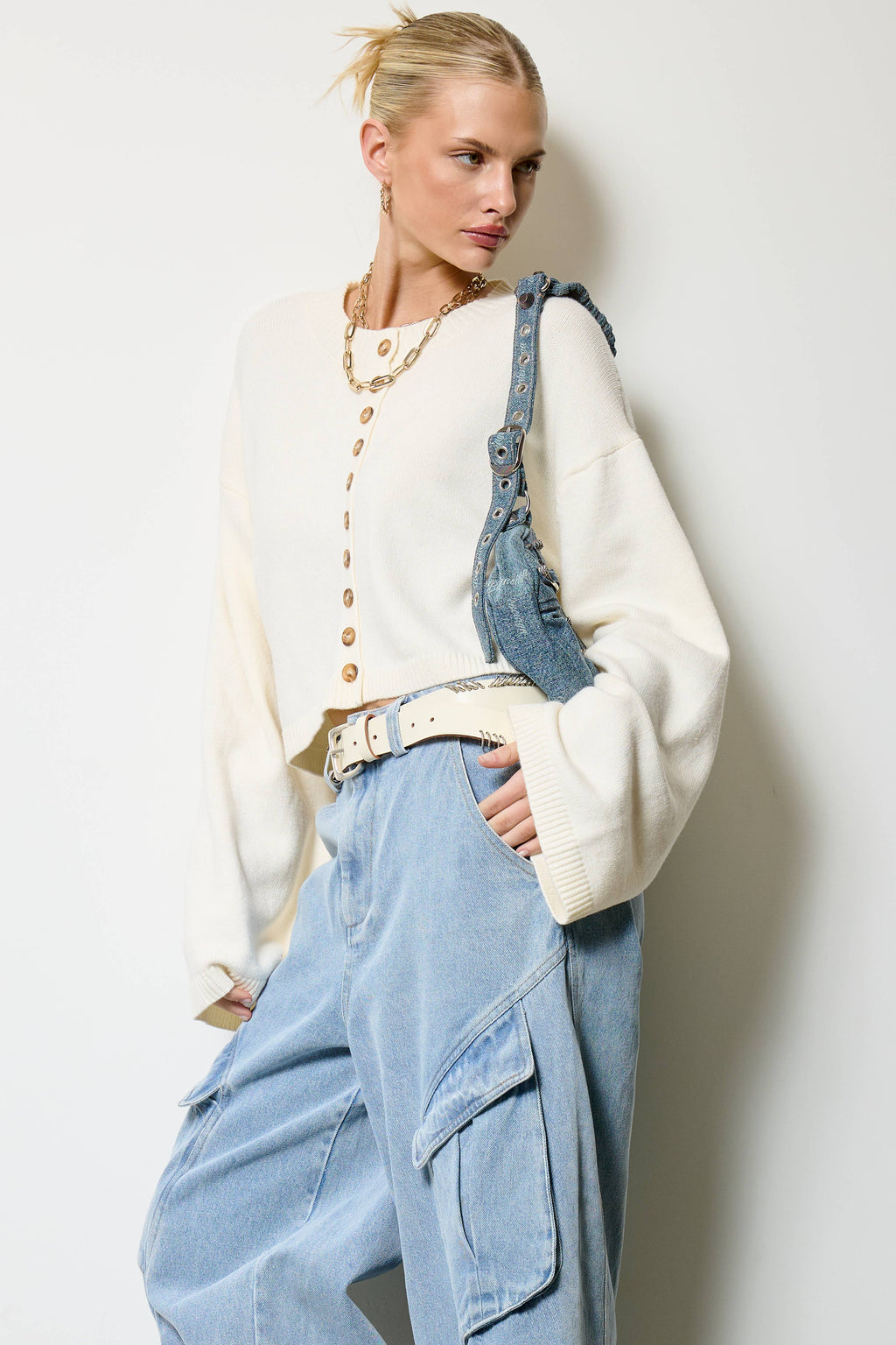 Button Front Cropped Knit Cardigan