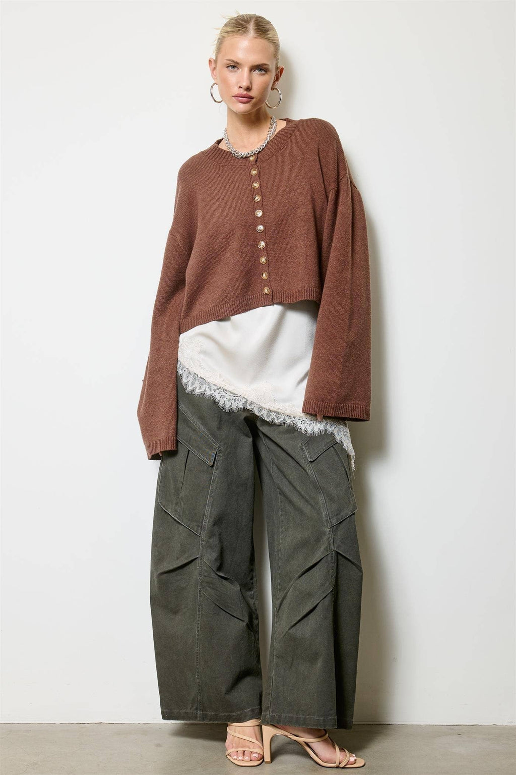 Button Front Cropped Knit Cardigan