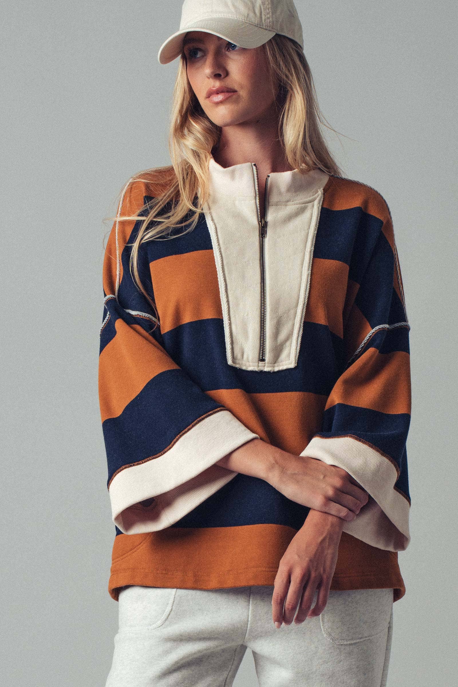 Urban Daizy - Oversized Half Zip Bold Stripe Statement Pullover Sweatshirt