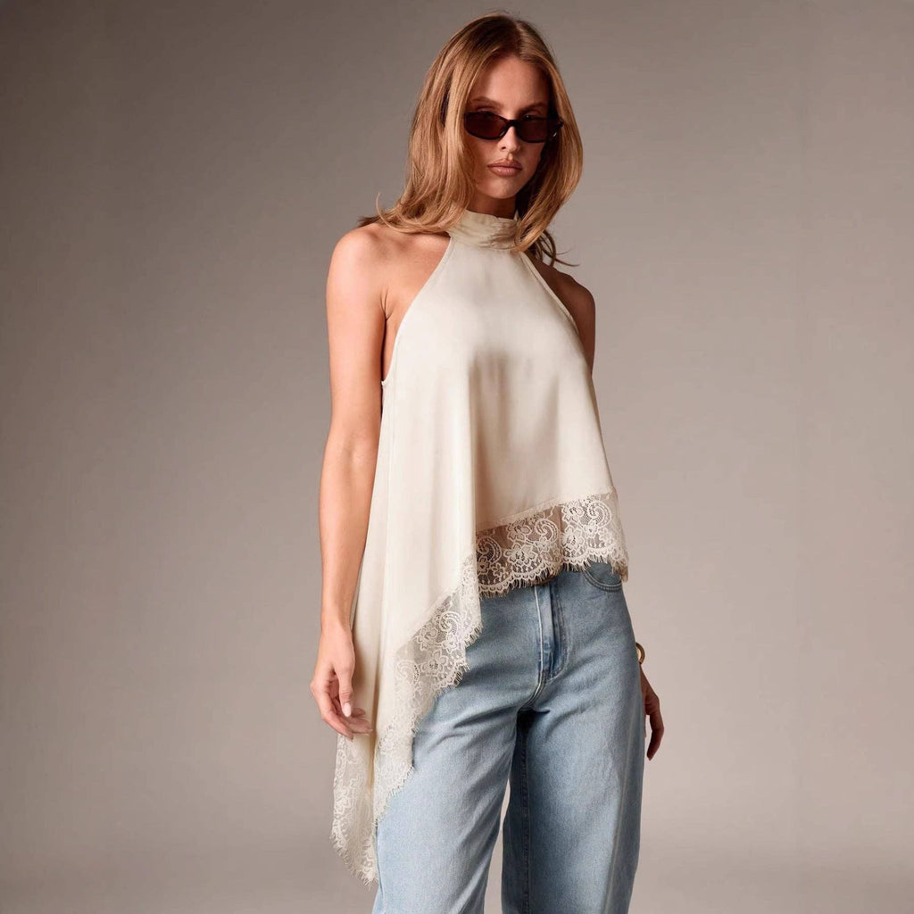 Lovesoft - Women’s Satin Lace Trim Halter Neck Asymmetrical Top