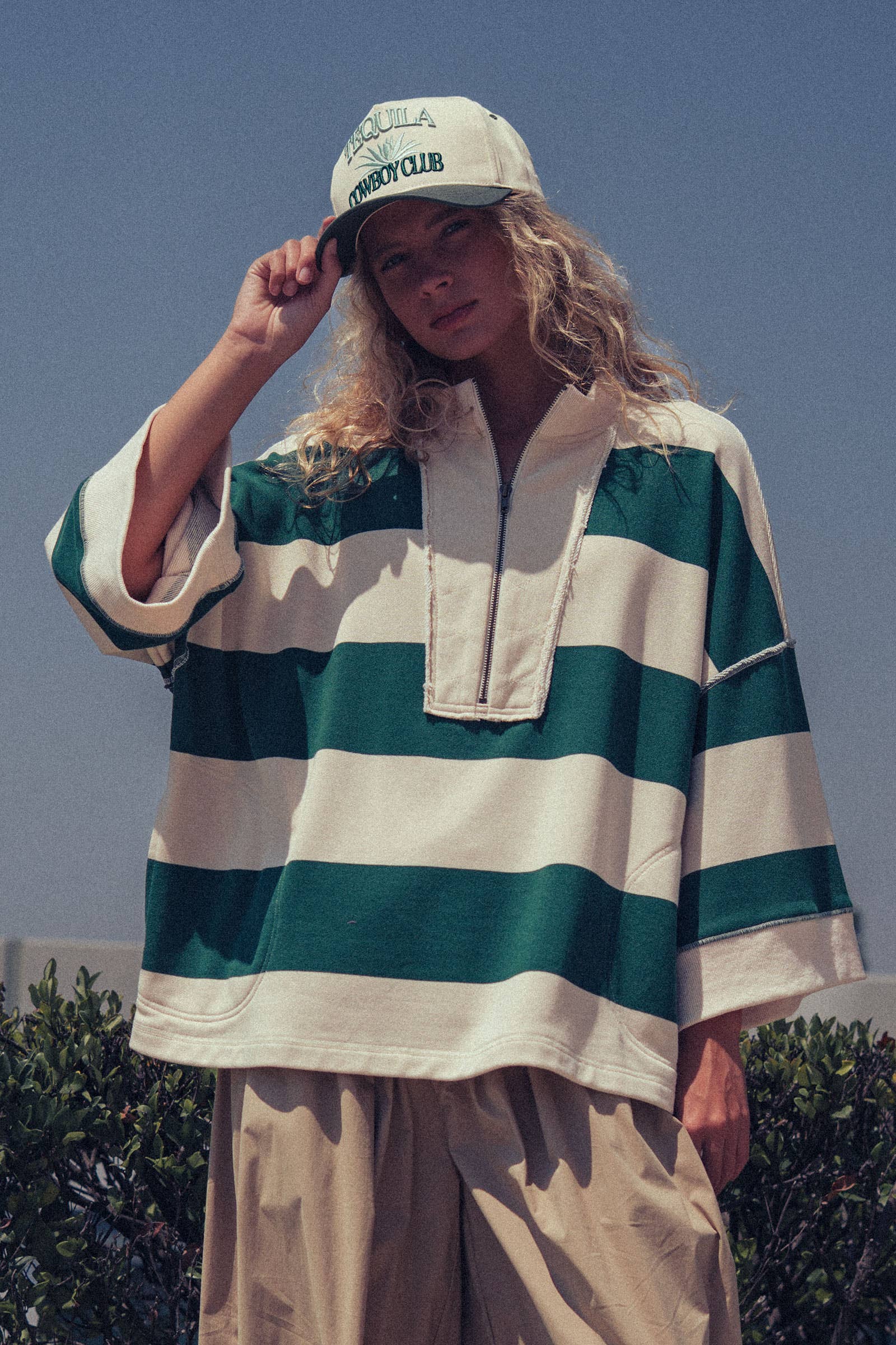 Urban Daizy - Oversized Half Zip Bold Stripe Statement Pullover Sweatshirt