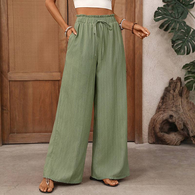 Lovesoft - Textured Drawstring High Waist Wide Leg Pants