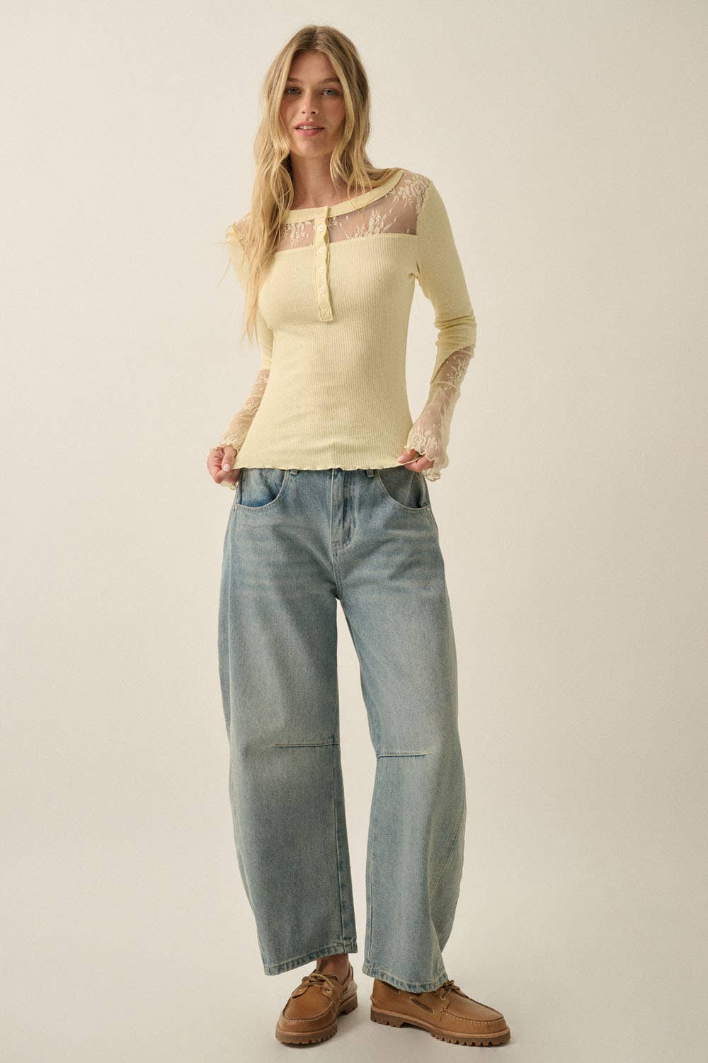 Ribbed Knit & Lace Long-Sleeve Split-Cuff Henley Top