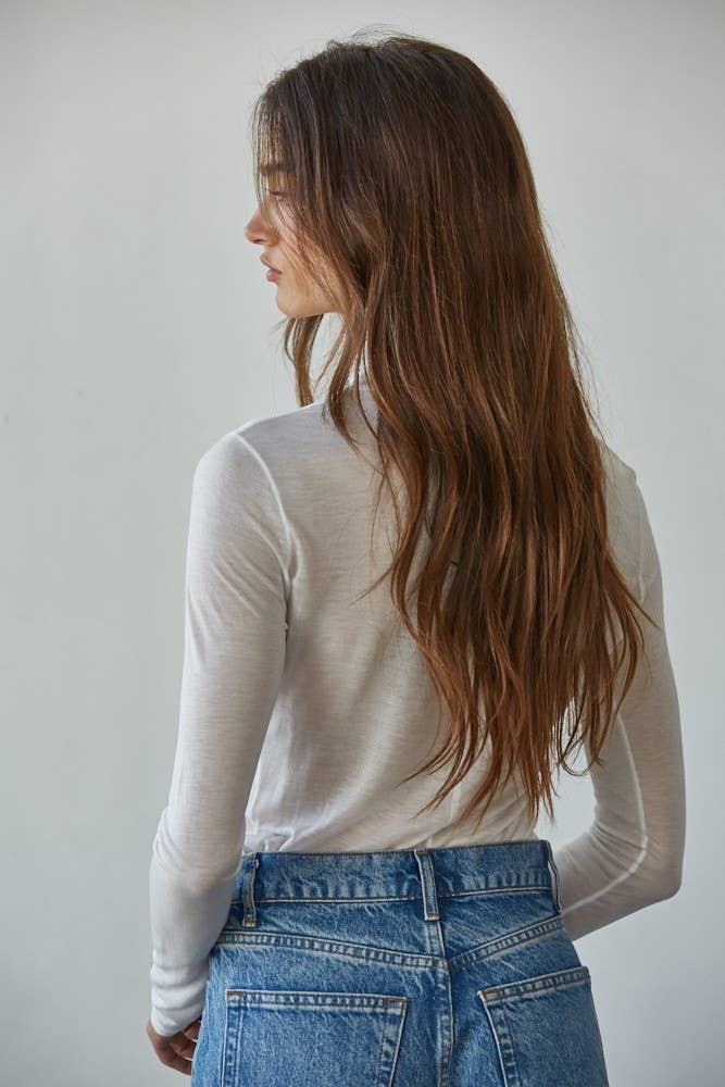 By Together - Knit Jersey Turtleneck Long Sleeve Sheer Top