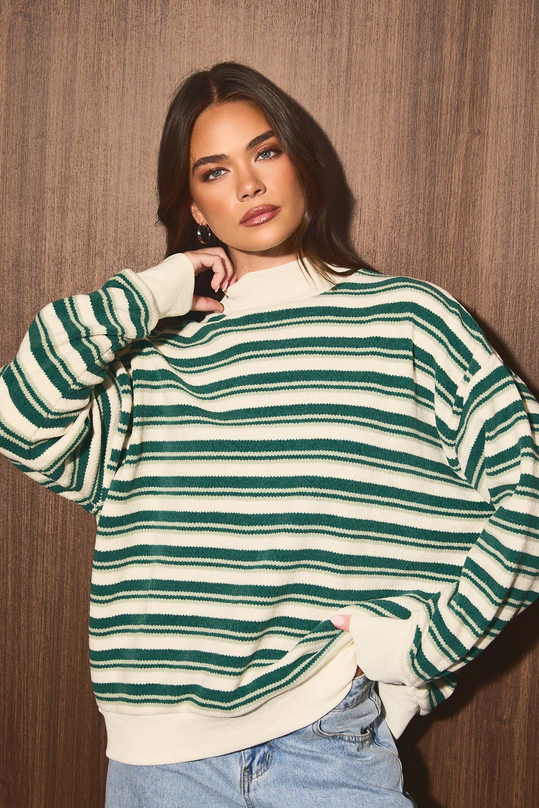 LE LIS - Striped Mock Neck Oversized Knit Sweater Top
