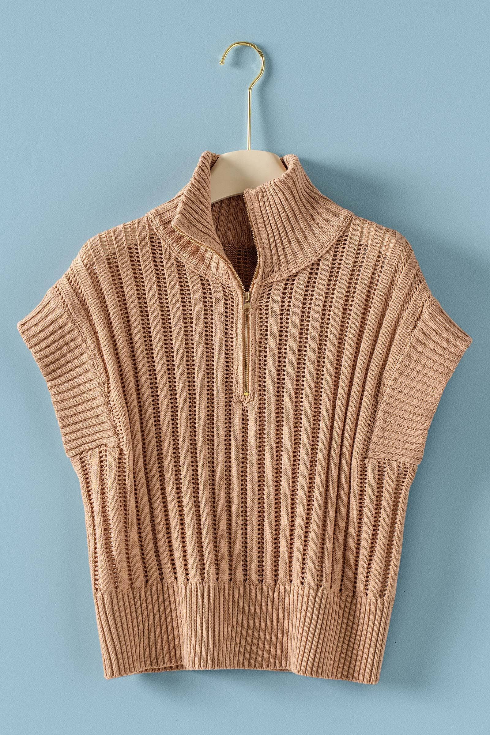 Urban Daizy - Ribbed Knit Half-Zip Mock Neck Sweater Vest